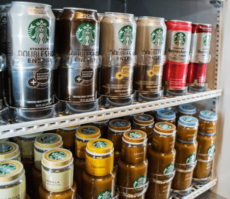 Vending machine with starbucks canned and bottled coffee drinks