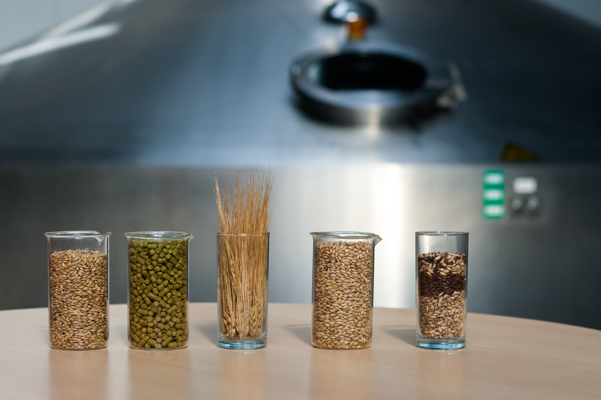 Glass containers of barley, grain, malt, rye, and wheat for beermaking